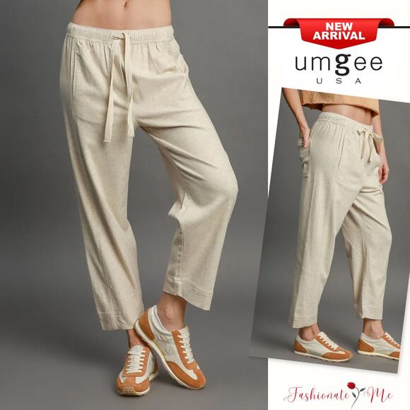 Umgee Drawstring Elastic Waistband Side Pockets Linen Blend Crop Pants | Oatmeal - Picture 1 of 5